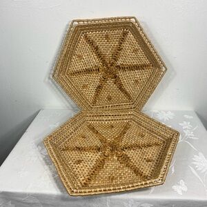 Two Rattan Wicker Hexagon trays or wall hangings